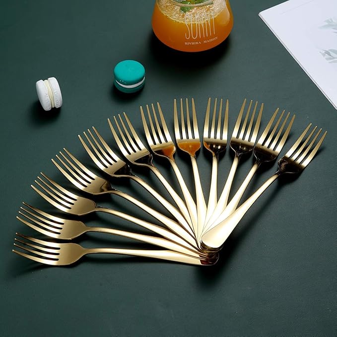 Gold Dinner Forks of 12, Berglander 7.9" Stainless Steel Titanium Shiny Gold Plating Fork And Spoons Silverware, Golden Table Forks Set Sturdy And Dishwasher Safe