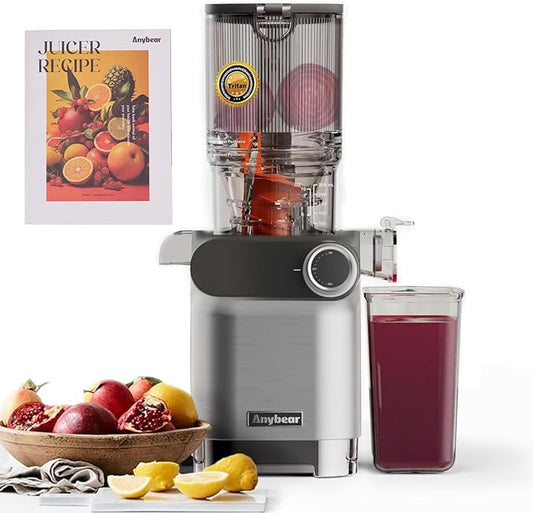 Anybear Cold Press Juicer 200W Masticating Slow Juicer 4.3" Large Feed Chute Fit Whole Fruits Vegetables | Upgraded Auger | Tritan Material | BPA Free | Juice Recipes (Silver)
