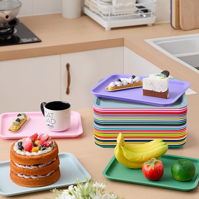 Mumufy Plastic Fast Food Trays Bulk Colorful Restaurant Serving Trays Cafeteria Rectangular Plastic Serving Platter Grill for Kitchen Restaurant Coffee(Retro Color,24 Pcs)