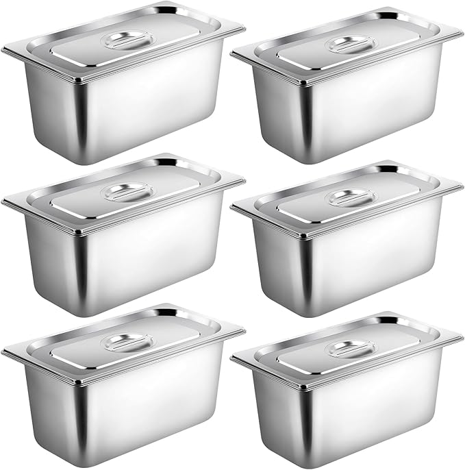 West Bay 6 Pack Hotel Pans with Lids, 1/3 Size 6-Inch Deep Stainless Steel Steam Table Pans, Metal Food Pans for Catering, Buffet, Restaurant & Kitchen Storage