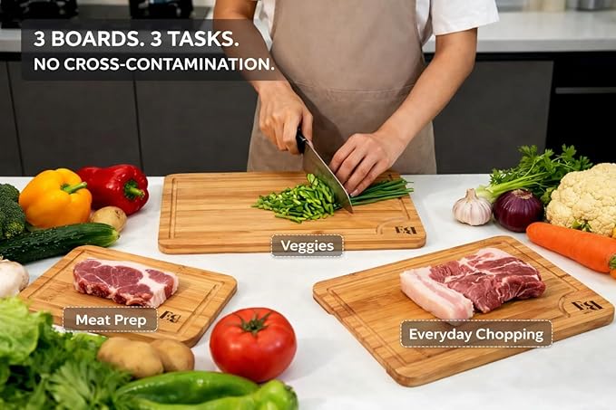 ELITE BLACKSMITH Bamboo Cutting Board Set of 3 – Crack Resistant, Eco-Friendly Cutting Boards with Deep Juice Grooves & Handles – Heavy-Duty Butcher Block for Meat, Charcuterie Board