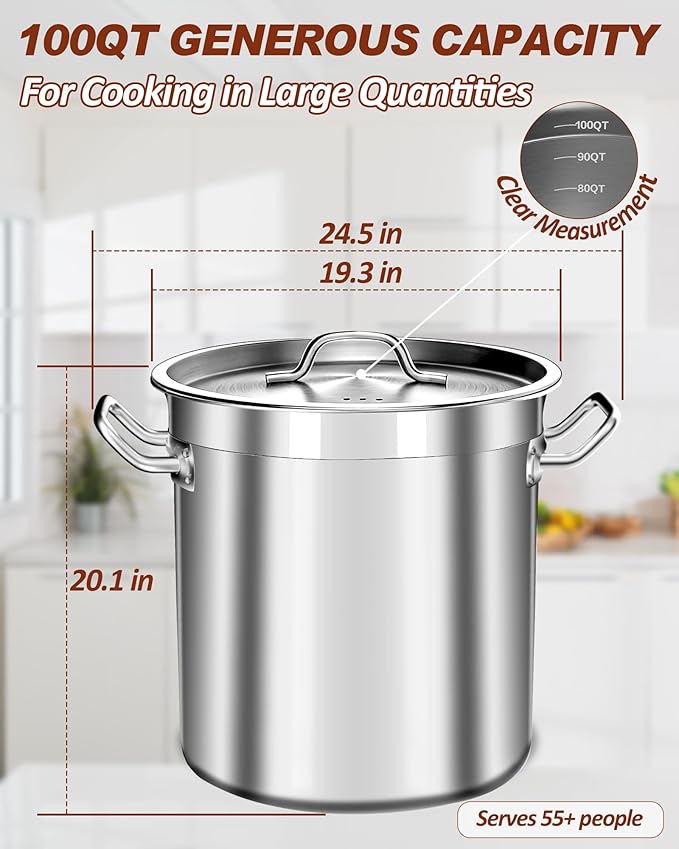 100 Quart Stainless Steel Stock Pot with Lid – Giant Heavy Duty Cooking Pot for Soup, Stew, Crawfish – Commercial Grade, Induction Compatible – Ideal for Catering & Bulk Cooking