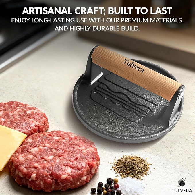 Smash Burger Press | Cast Iron Hamburger Smasher Tool | Flat-Edge Meat Press for Hamburgers, Bacon, Outdoor Kitchen | Griddle & Grilling Accessories | Pre-Seasoned | 6.1”