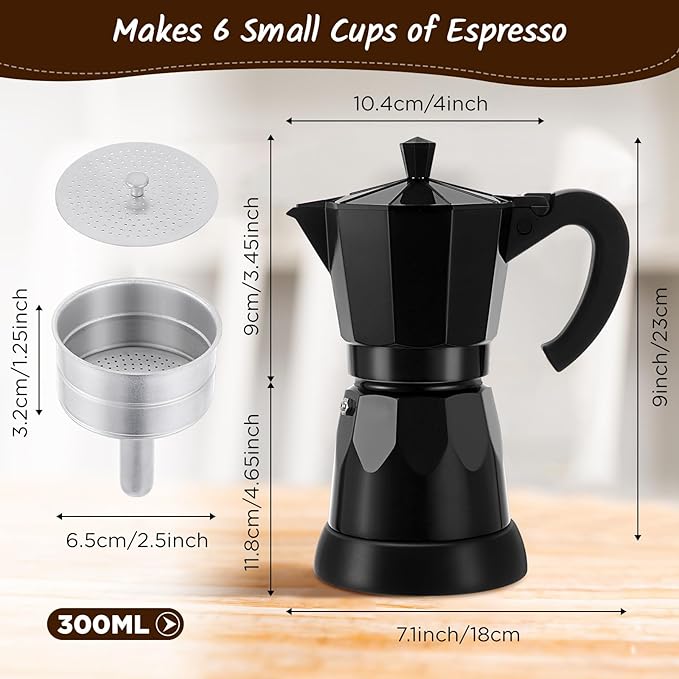 Lemosae Coffee Pot 6 Cup Electric Espresso Coffee Maker Italian Moka Maker 300ml Portable Aluminum Espresso Machine Cafetera Moka Pot with Detachable Base, Gift for Home Travel(Black)
