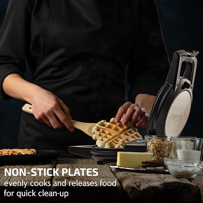 OVENTE Belgian Waffle Maker with Non-Stick Plates, 180° Rotating Function and Cool Touch Handle for Easy Single Flip, Perfect for Cooking 7” Classic Waffles for Breakfast or Snacks, Black WMF1440BR