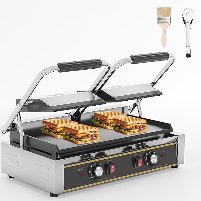 Commercial Panini Press - 3600W Electric Sandwich Panini Maker, Stainless Steel Double Sandwich Grill w/Nonstick Coating & Temp Control, 19x9 in Plate for Hamburger Steak Bacon