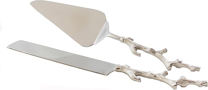 Server Set, Cake, Pie, Desert Flatware Set, Tree Branch Design, 2-piece 18/10 Stainless steel with brass handles (light antique silver finish)