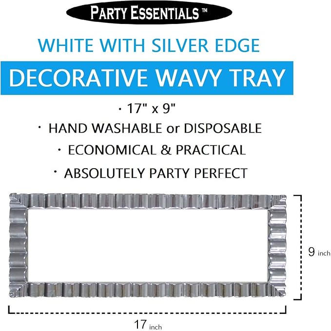 Party Essentials Disposable Hard Plastic Decorative Wavy Trays, 17" X 9", White/Silver Edge (Pack of 2)