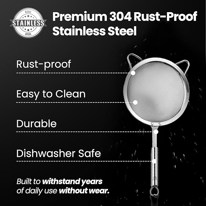 Stainless Steel Fine Mesh Strainer Set – 1 Large Flour Sifter with Sturdy Handle + 1 Small Mesh Sieve for Pasta & Rice + 1 Silicone Can Strainer – Stable, Durable, Dishwasher Safe, 5-Year Warranty