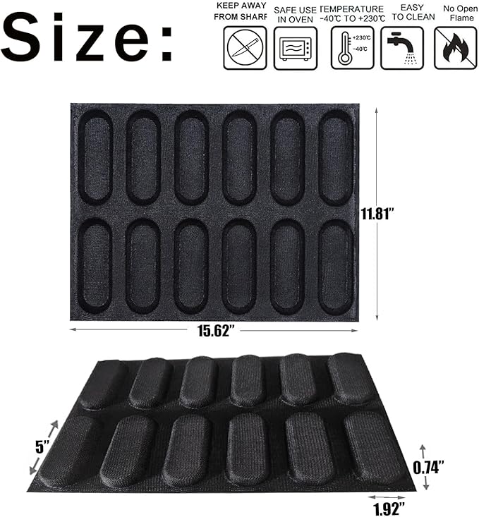 Dioycli Silicone Bread Loaf Pan for Baking, Mini Baguette Bread Pan Perforated Hot Dog Bun Pan 12 Loaf Non Stick Baking Liners Mat