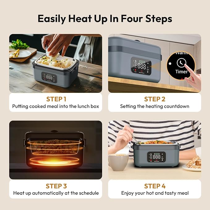 Cordless Electric Heated Lunch Box for Adults Men Women, Rechargeable Self Heating Battery Powered Food Warmer with 1L Container Fork Spoon and Insulated Carry Bag for Car Truck Travel Office(Grey)