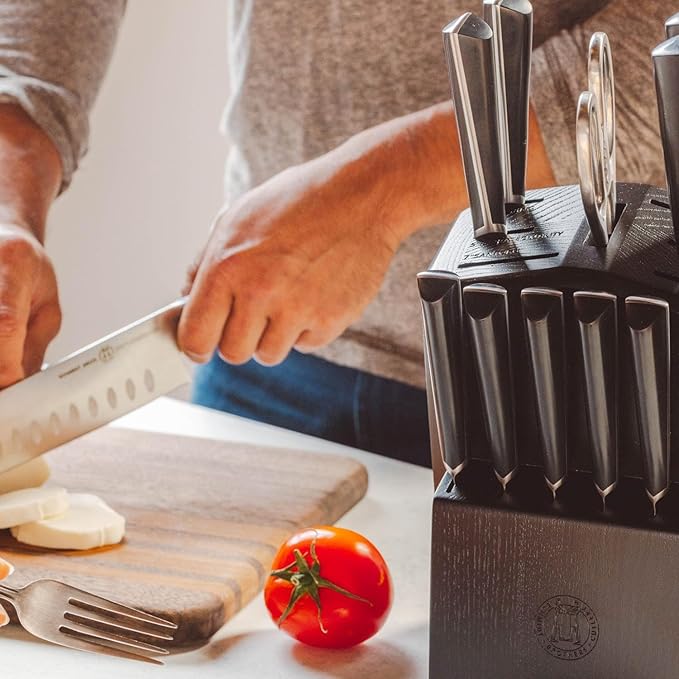 Schmidt Brothers -Highline- 14-Piece Knife Set, High-Carbon Stainless Steel Cutlery With Ebony-Stained Wood And Built-In Two Stage Sharpener Knife Block