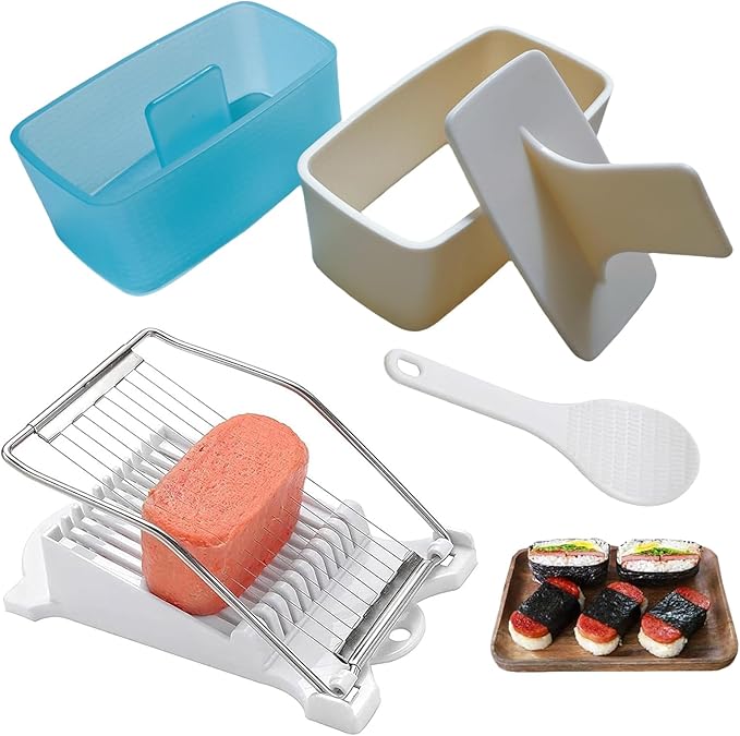 Spam Musubi Mold, 4 Pcs Musubi Maker Kit Spam Slicer Musubi Press Sushi Rice Onigiri Mold Set Egg Cutter for Luncheon Meat Hot Dog Cheese Strawberry Lunch Bento (4pc-Beige/Blue)