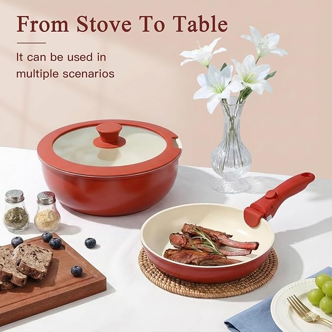 GIPP 11PCS Pots and Pans Set Non Stick,Nonstick Cookware Set Detachable Handle,Ceramic Pots for Cooking Non Stick with Removable Handle, RV Cookware Set, Red Black Gradien