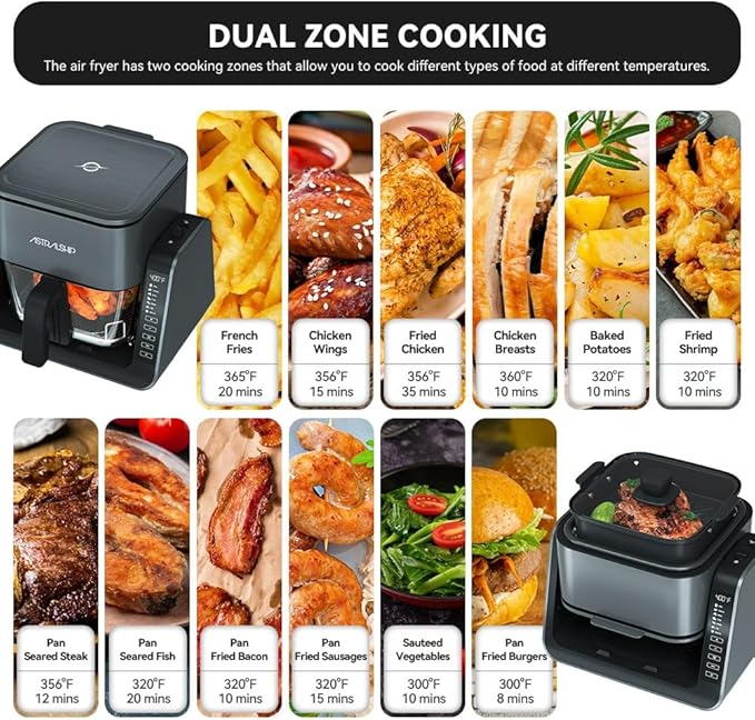 Astralship Glass Air Fryer, 2-in-1 Flip Airfryer & Grill Combo, Non-Toxic Teflon Free (No Plastic Smell), 360° Visible Cooking, 7 Presets, Compact for 1-2 People, 5.5QT Total Capacity, Dishwasher Safe