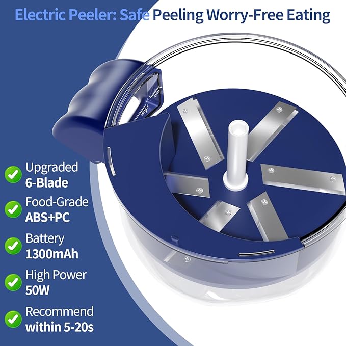 Automatic Peeling Machine, Upgraded 6 Leaf Blade Electric Grape, Cherry Tomato & Garlic Peeler, Rechargeable Wireless, Easy Clean Portable Kitchen Tool for Salad Prep & Picnic (Blue)