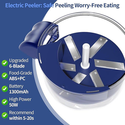 Automatic Peeling Machine, Upgraded 6 Leaf Blade Electric Grape, Cherry Tomato & Garlic Peeler, Rechargeable Wireless, Easy Clean Portable Kitchen Tool for Salad Prep & Picnic (Blue)