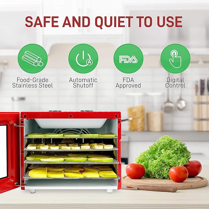 Electric Countertop Food Dehydrator Machine - 350-Watt Premium Multi-Tier Meat Beef Jerky Maker Fruit/Vegetable Dryer w/ 4 Stainless Steel Trays, Digital Timer, Temperature Control - NutriChef NCDH4S