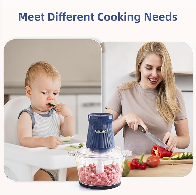 COOKZHOM 500W Food Processor, Blue Meat Grinder with Glass Bowl 8 Cup, Electric Food Chopper with 2 Sharp Blade Sets for Meat, Fruits, Vegetables, Baby Food, Nuts, 2 Speed