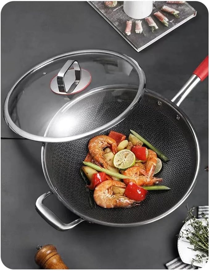 Moksha LifeStyle Honeycomb Wok 12 inch Pan with Lid, nonstick stir fry with silicone handles, Hybrid stainless steel cooking frying pan, dishwasher safe.