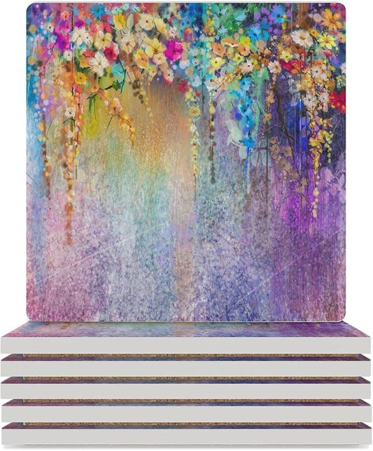 Floral Drink Coasters, Square Ceramic Drink Coaster Square-6PCS, Watercolor Weeds Blossoms Ivy Florets Shrubs Design Decor Absorbent Ceramic Coasters for Beverage Cup, Bar, Coffee Table