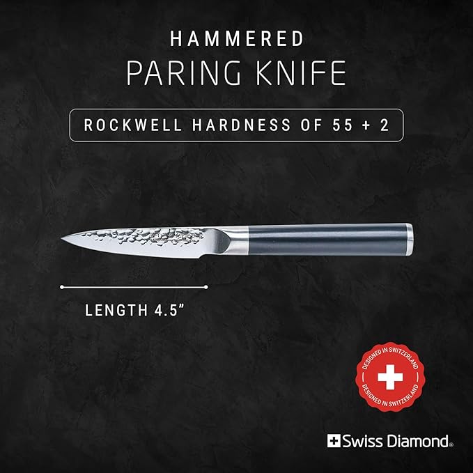 Swiss Diamond Paring Knife, German Steel With ABS Handle, Half Tang Handle, Hammered Blade Chef Knives Professional Grade, 55+2 Rockwell Hardness, 4.5 Inch