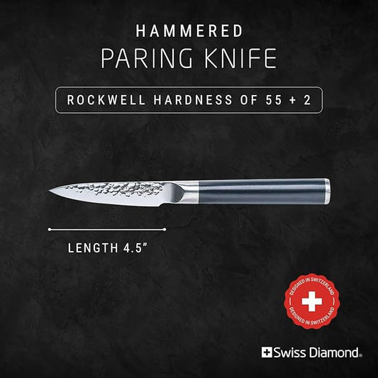 Swiss Diamond Paring Knife, German Steel With ABS Handle, Half Tang Handle, Hammered Blade Chef Knives Professional Grade, 55+2 Rockwell Hardness, 4.5 Inch