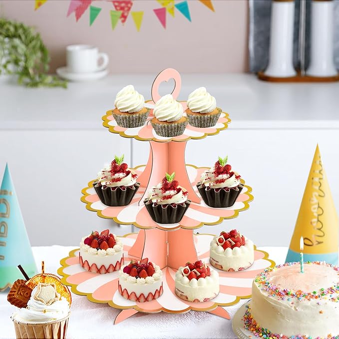 Soleebee 3-Tier Cupcake Stand, Cardboard Cupcake Tower, Dessert Cup Cake Stand Tower for Birthday Wedding Party Decoration, Cupcake Tier Stand 2 Set (Pink Gold)