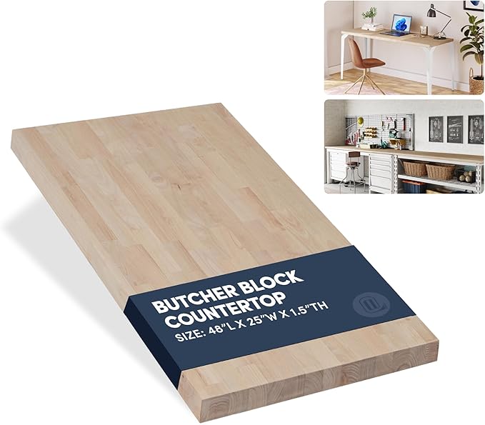 48''L x 25''W x 1.5''Th Birch Solid Wood Butcher Block Countertop, Butcher Block Table Top for DIY Washer Dryer/Island/Kitchen Countertop (Unfinished)