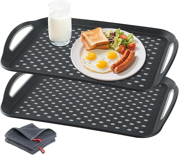 Large Non-Slip Serving Tray with Handles - Suitable Serving Tray, Food Tray, Trays for Serving Food,Serving Platters - an Ideal Dining Choice, Black - 2 Pack