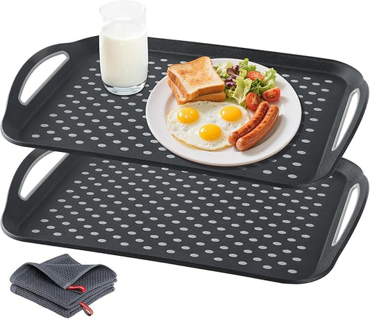 Large Non-Slip Serving Tray with Handles - Suitable Serving Tray, Food Tray, Trays for Serving Food,Serving Platters - an Ideal Dining Choice, Black - 2 Pack