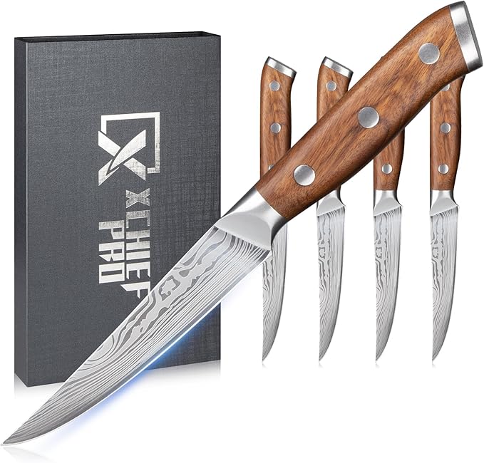Steak Knives Set of 4-4.5 Inch Damascus Pattern Ultra-Sharp High Carbon Stainless Steel Blade Fruit Knife, Professional Paring Knives Sets, Christmas Gifts with Gift Box