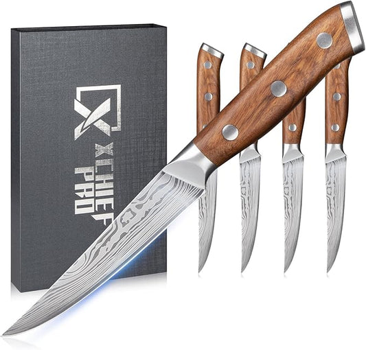 Steak Knives Set of 4-4.5 Inch Damascus Pattern Ultra-Sharp High Carbon Stainless Steel Blade Fruit Knife, Professional Paring Knives Sets, Christmas Gifts with Gift Box