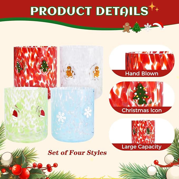 4 PCS 14 Ounce Christmas Icon Juice Glasses,Christmas Drinking Cups,Four Colors and Patterns,Strong and Durable Glasses Are The Great Gifts for Friends!