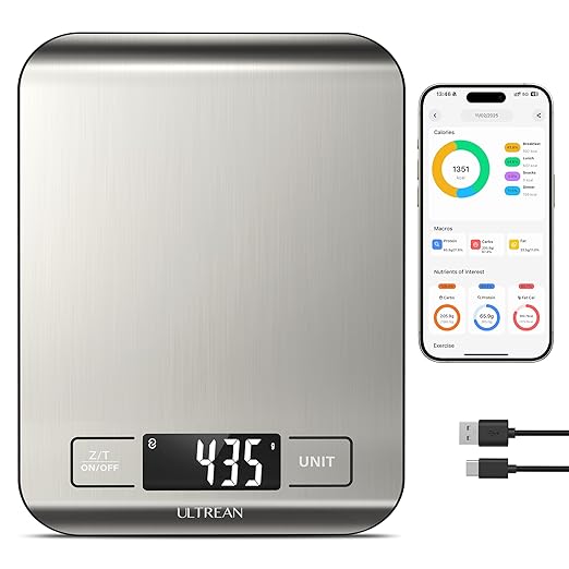Ultrean Smart Food Kitchen Scale with Nutritional Calculator, Free App for Macro & Calorie Tracking, AI Scan, Digital Grams and Ounces for Weight Loss, Rechargeable, Stainless Steel, 33lb /15kg