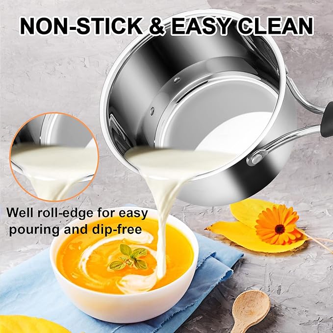 LIANYU Saucepan with Lid, 1 Quart and 2 Quart Stainless Steel Saucepan, Small Pot Milk Soup Pan for Home Kitchen Restaurant, Long Heatproof Handle, Dishwasher Safe
