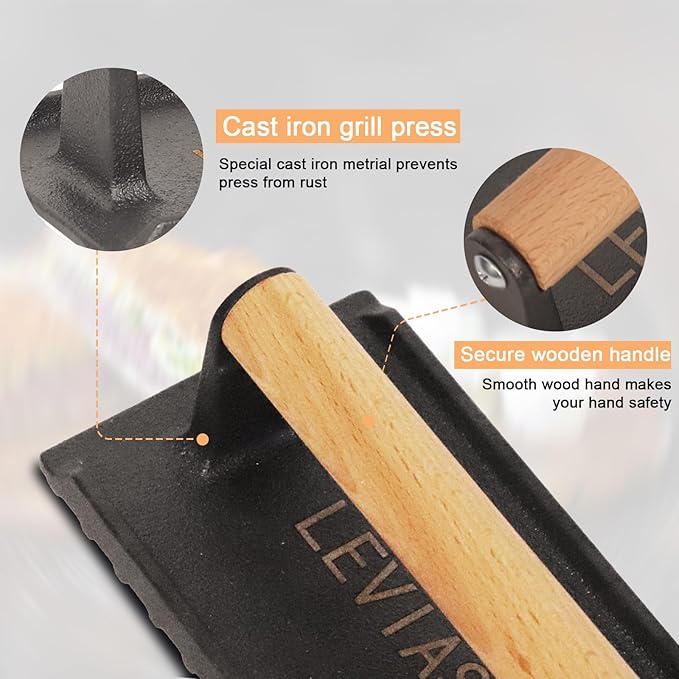 2.2 lb Handheld Heavy Duty Cast Iron Grill Press, 7.8X3.9 inch Rectangle Burger Press with Wood Handle for Blackstone, Griddle, Chef, Camp, Panini, Vegetable, Bacon, Sandwich, BBQ, 2 Pack