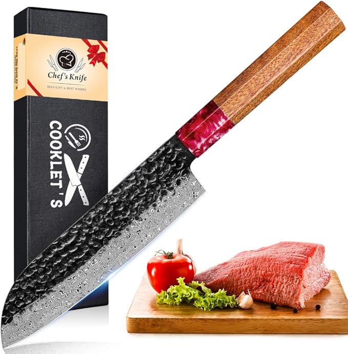 COOKLET'S Damascus Santoku Knife, Japanese VG10 Steel Core Kitchen Knife, Ultra Sharp Professional Chopping Cooking Knife, G10 Ergonomic Handle with Luxury Gift Box