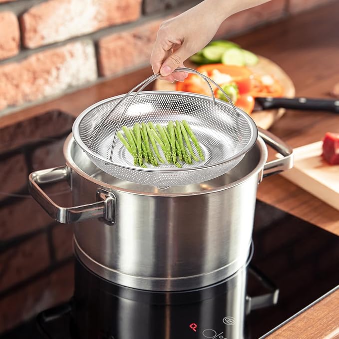 3 Pack Steamer Basket for Cooking, Micro-Perforated Strainer Colander Set, Stainless Steel Vegetable Veggie Steamer Rack for Pot, All-In-One Steaming Rack Stand with Handles, Dishwasher Safe