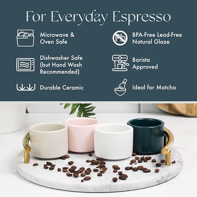 Folk Ceramics Leonard Ceramic Espresso Cups | Modern Stackable Demitasse Mugs for Espresso | Thick Walled, Handleless, Durable, Dishwasher & Microwave Safe | Set of 2, 3oz | Whisper White