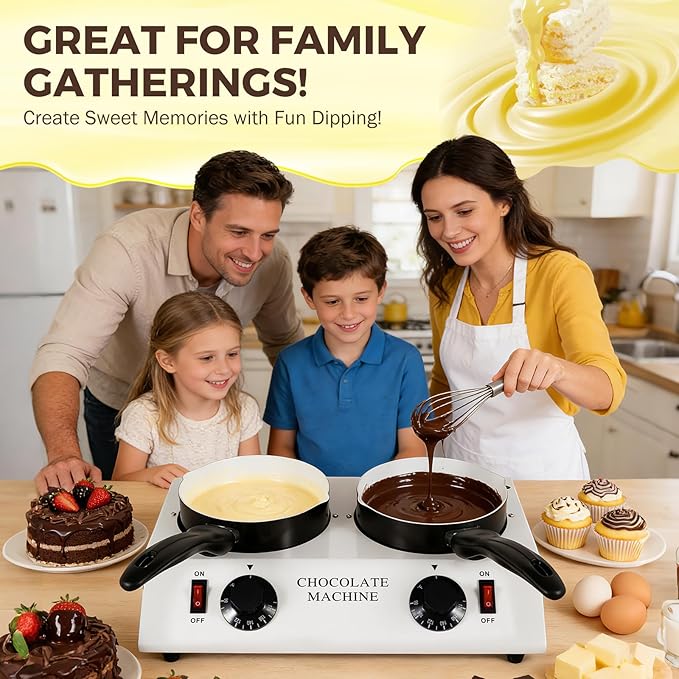Electric Chocolate Melting Pot - Dual 1L Ceramic Non-Stick Pots, PTC Heating & Precision Thermostat (80W, 110V) for Home/Commercial Chocolate, Candy, Fondue & Hot Beverage