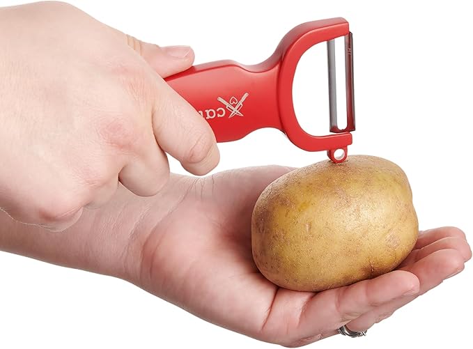 CatCora Swiss-Style Peeler, Professional German Tempered Stainless Steel Blade For Peeling Fruits and Vegetables and Garnishing, Ergonomic Contoured Handle, Red