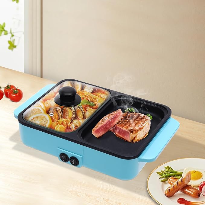 Electric Hot Pot with Grill, 2-in-1 Non-Stick Pot & Griddle, Dual Temp Control 149°F/482°F, 1200W Fast Heating, 2L Hot Pot & 1L Frying Pan for 1-5 People, Indoor BBQ, Black (Blue)