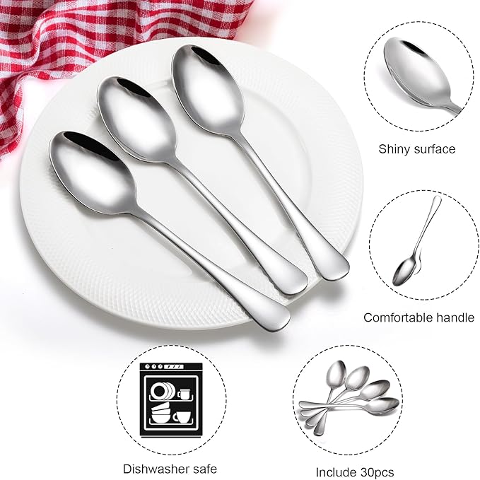 Suwimut 30 Pieces Large Tablespoons Set, 8 Inch Food Grade Stainless Steel Dinner Spoons, Metal Soup Spoon Silverware Spoon for Home, Kitchen or Restaurant, Mirror Polished & Dishwasher Safe