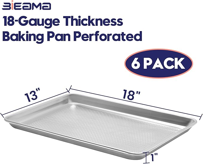 BIEAMA 6 Pack Half Size 18" x 13" Aluminum Baking Sheet Pan Perforated, Commercial Bakery Equipment Cookie Sheets, NSF Approved Baking Tray