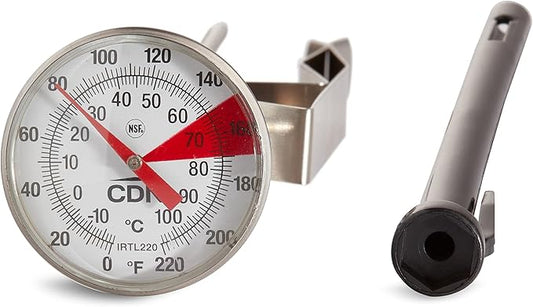 CDN ProAccurate® Instant Read Beverage Frothing Thermometer with Clip for Precise Temperature Measurement, 7" Stainless Steel Stem, Yellow Case (IRTL220)