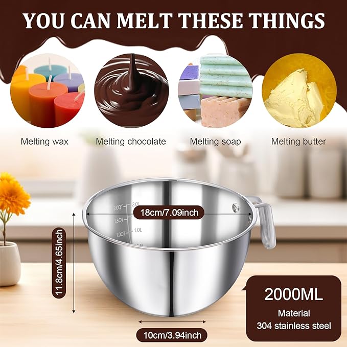 304 Stainless Steel Double Boiler Set -1.8QT Melting Bowl with Scale and Handle - 2.54QT Dual-Handle Pot - Stackable Water Bath Melting Pot Set for Butter, Chocolate, Wax, Sugar, Candle
