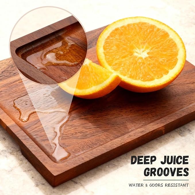3-Piece Solid Walnut Wood Cutting Boards with Anti-Slip Holder, Chopping Block with Juice Deep Groove & Invisible Handles for Kitchen Meats Vegetables, 100% Natural Walnut, Perfect Housewarming Gift