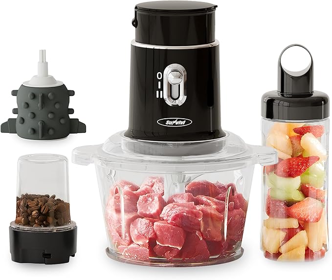 Sunvivi Electric Food Chopper, 4 in 1 Small Food Processor for Grinding Meat, Peeling Garlic & Juicing, 2 Speed Blender and Food Grinder Combo with 1.5L Glass Bowl & 2 Cups (0.4L+0.2L), Black