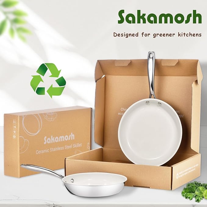 SAKAMOSH 8 Inch Nonstick Ceramic Frying Pan, Tri-Ply Stainless Steel Skillet with Stay-Cool Handle, PFAS/PFOA/PTFE Free, No Seasoning Required, High Heat & Induction Safe, Dishwasher/Oven Safe